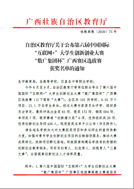 “互联网+”大学生创新创业大赛广西赛区选拔赛获奖文件